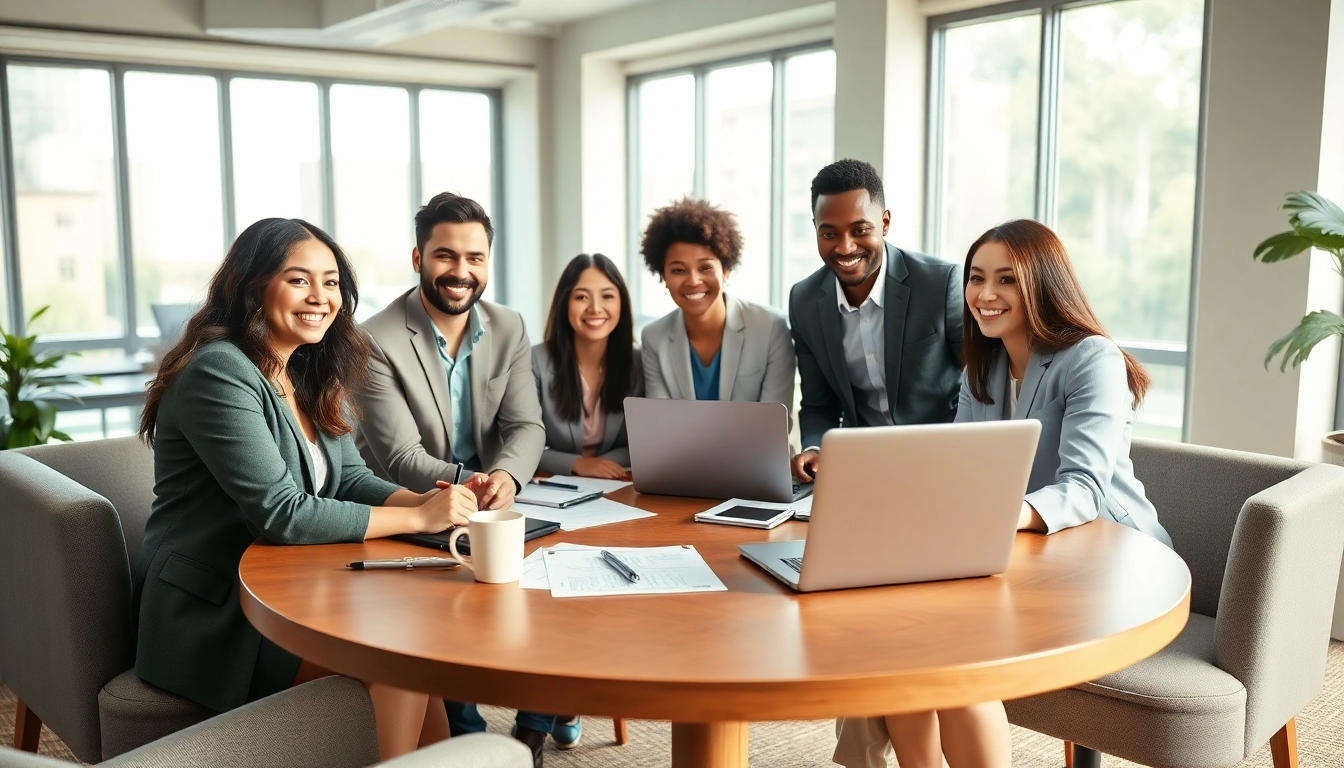 Staffing agencies collaboration scene with diverse professionals in a bright office setting.