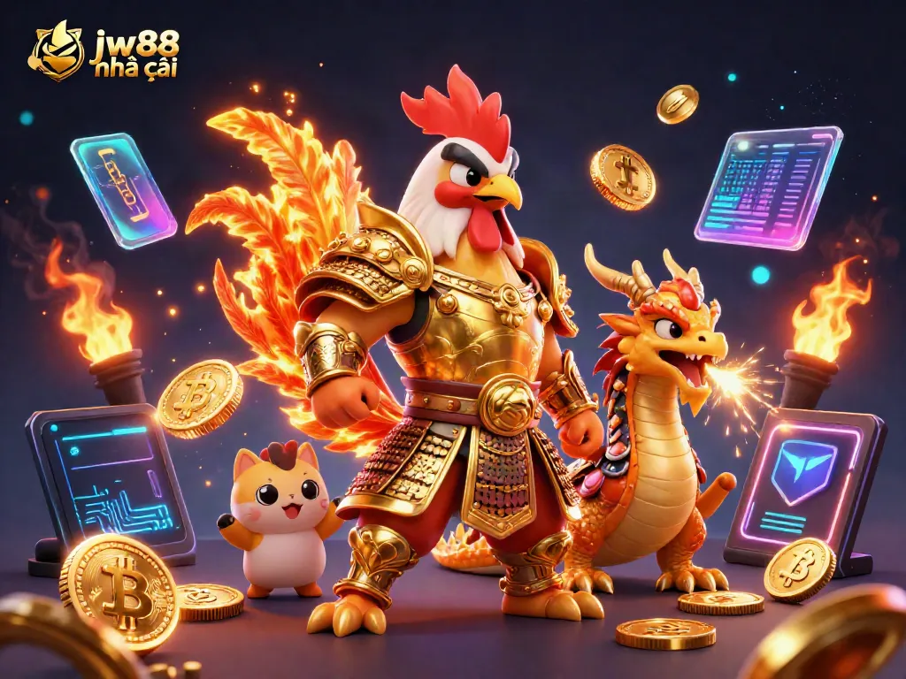 Engage with the dynamic world of jw88 nhà cái featuring a fiery rooster and dragon amidst glowing crypto elements.