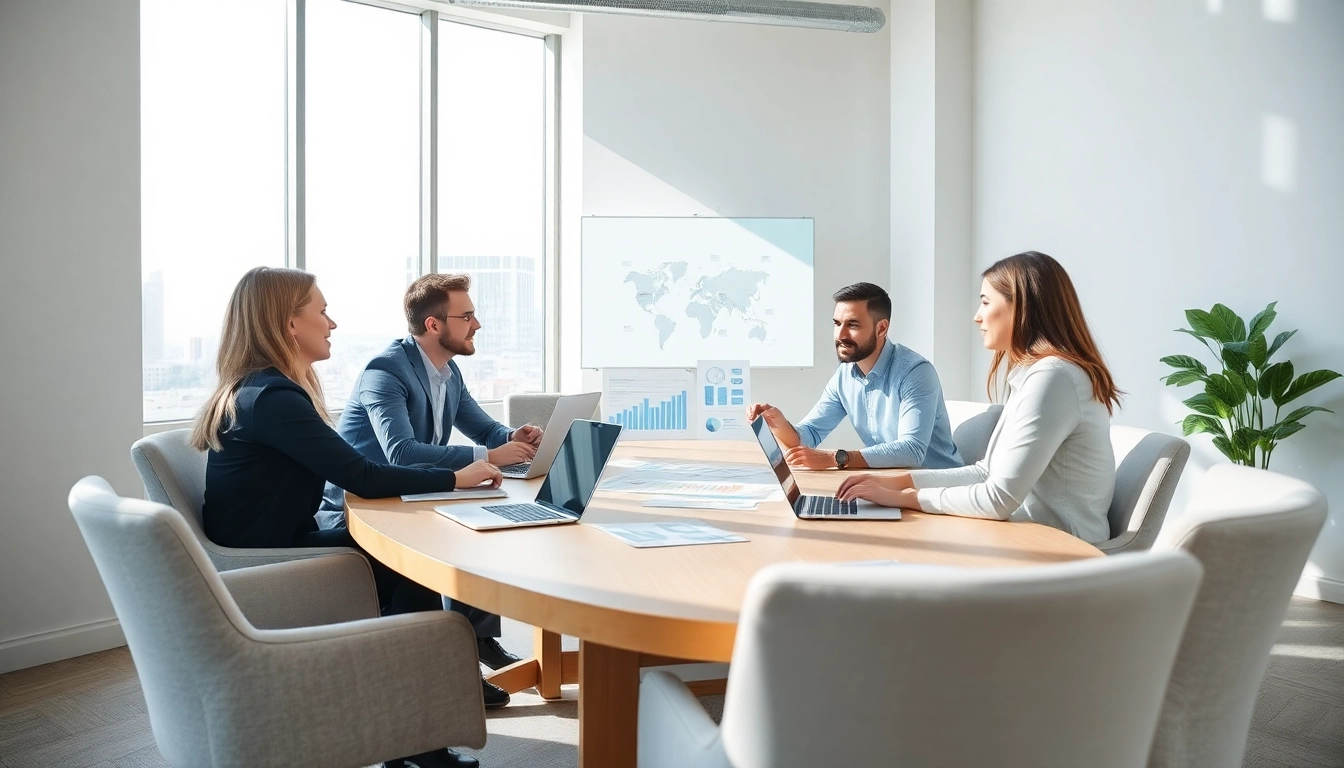 Team discussing strategies for social media marketing companies edmonton at a modern conference table.