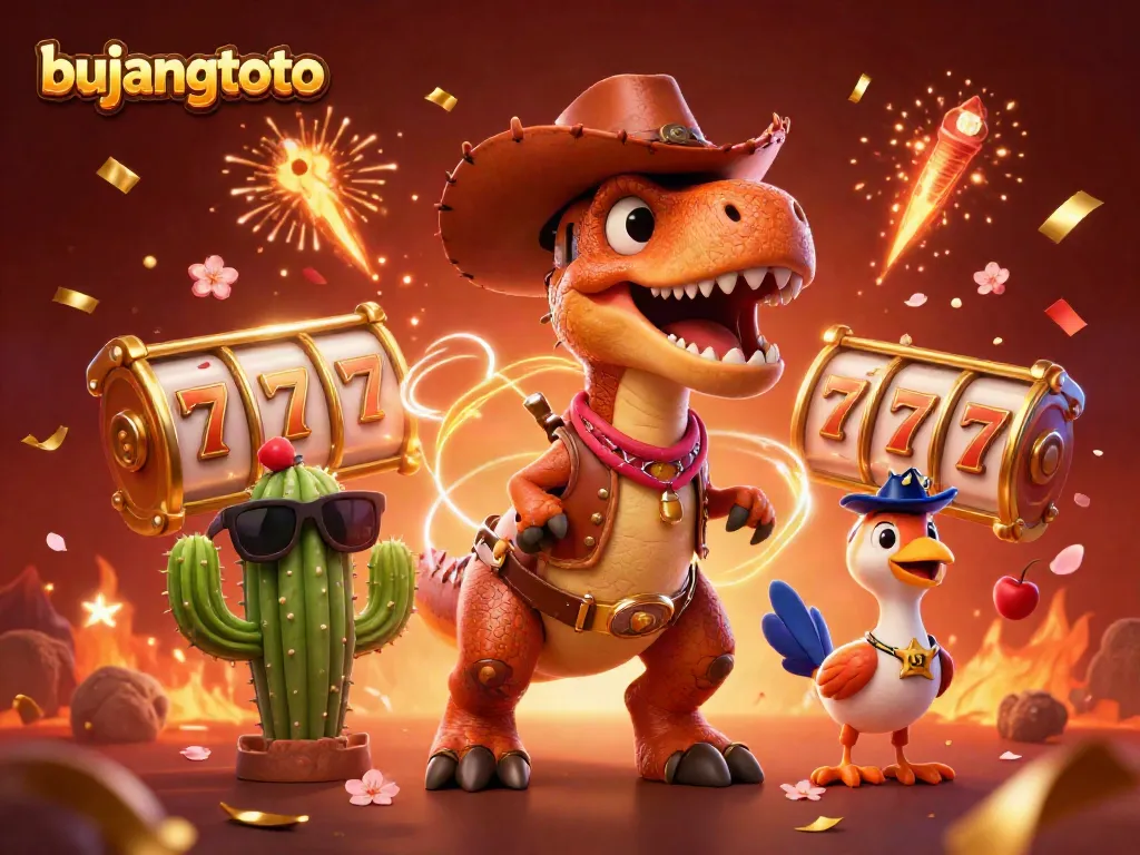 Experience the excitement of bujangtoto with a fun scene featuring T-Rex, cactus, and roadrunner in a vibrant casino setting.
