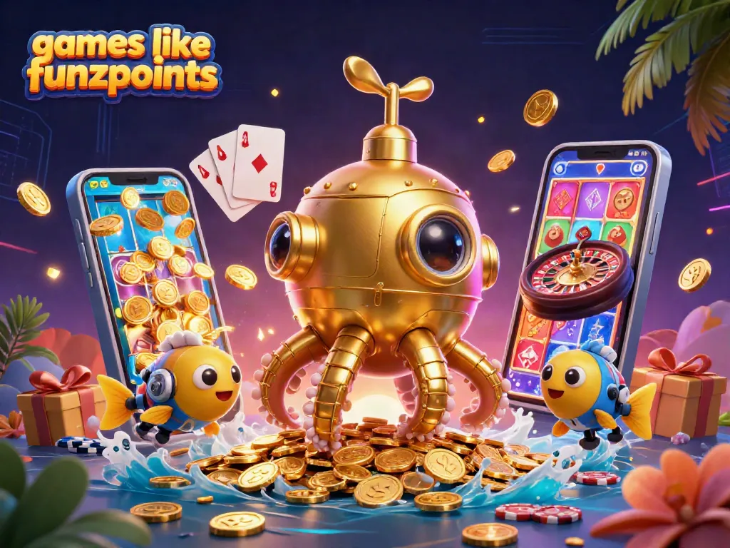 Discover games like Funzpoints with a dynamic 3D casino illustration showcasing vibrant slot actions.