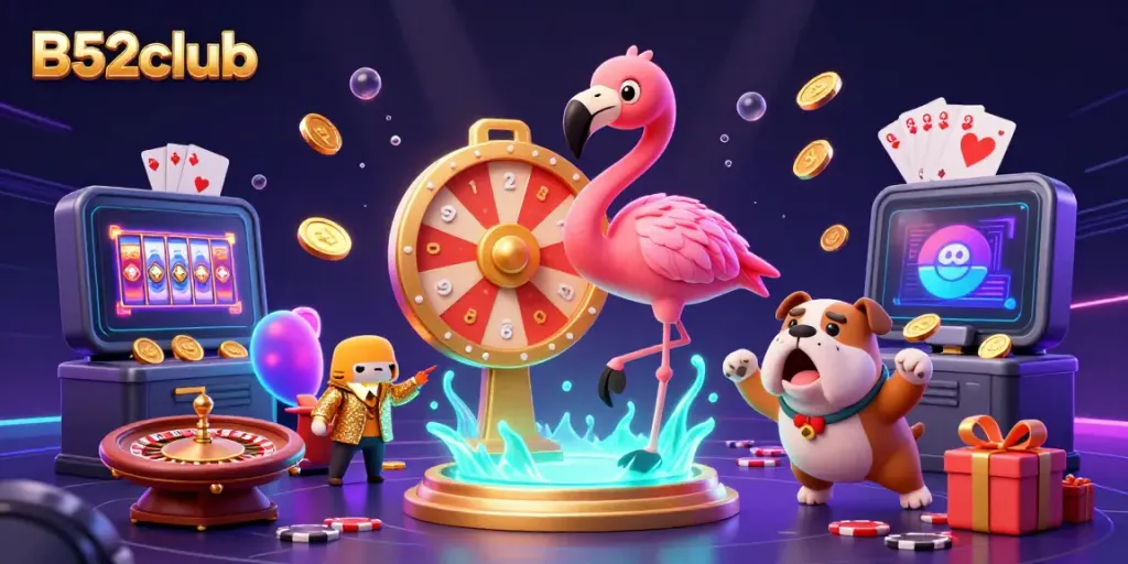 Engaging scene at B52club featuring a flamingo game show host, bulldog contestant, and prizes with vibrant casino elements.