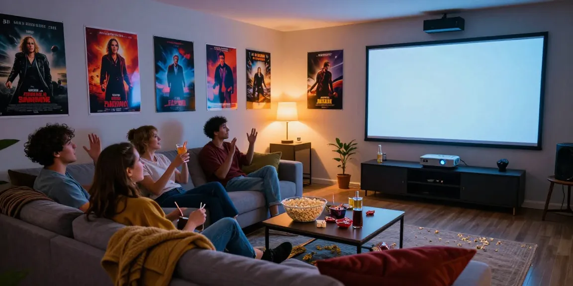 Friends enjoying a movie night with movies4u releases, popcorn, and a cozy atmosphere.