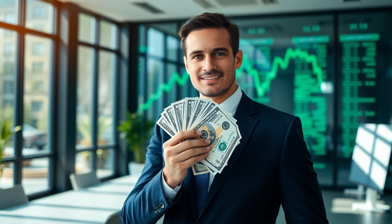 Engaging scene of a professional helping customers buy usd in a modern financial office.