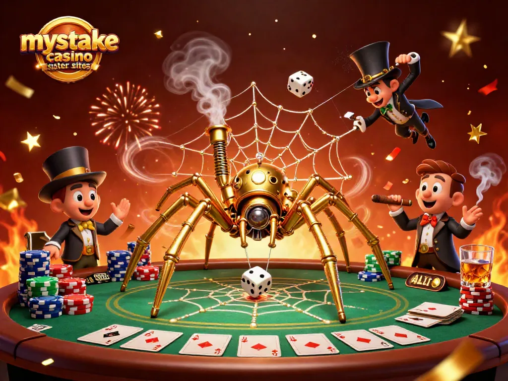 Engage with mystake casino sister sites through a vibrant 3D scene with animated gambling elements.