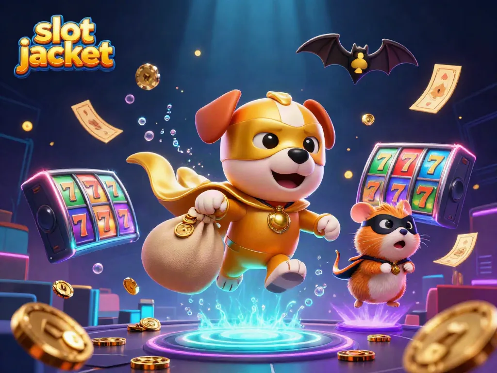 Exciting action of a superhero dog celebrating slot jackpot wins with dynamic casino elements around.