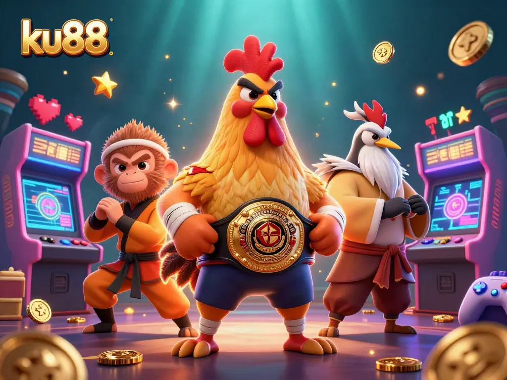 ku88 enhances your game with a fierce rooster, Shaolin monkey, and wise crane in a vibrant casino.