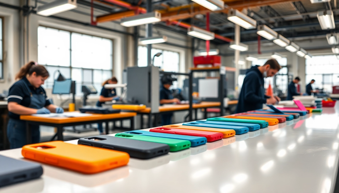Showcase of phone case manufacturers crafting custom designs in a vibrant factory environment.