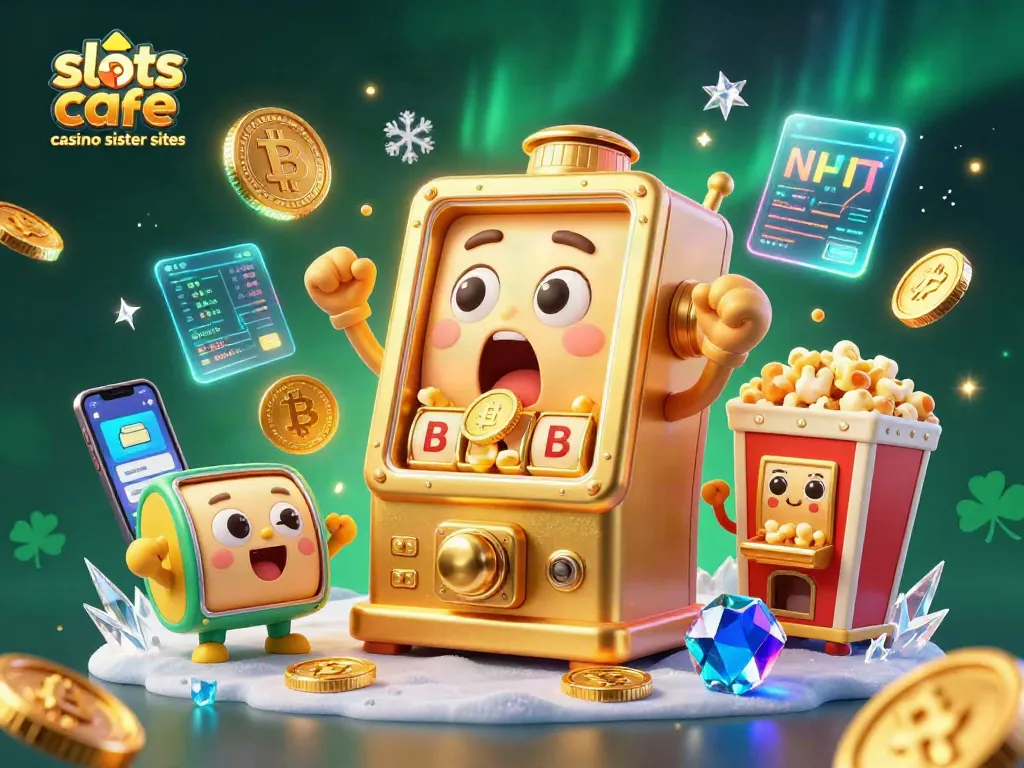 Slots cafe casino sister sites showcase with a golden slot machine rejoicing as coins pour out, filled with crypto elements.
