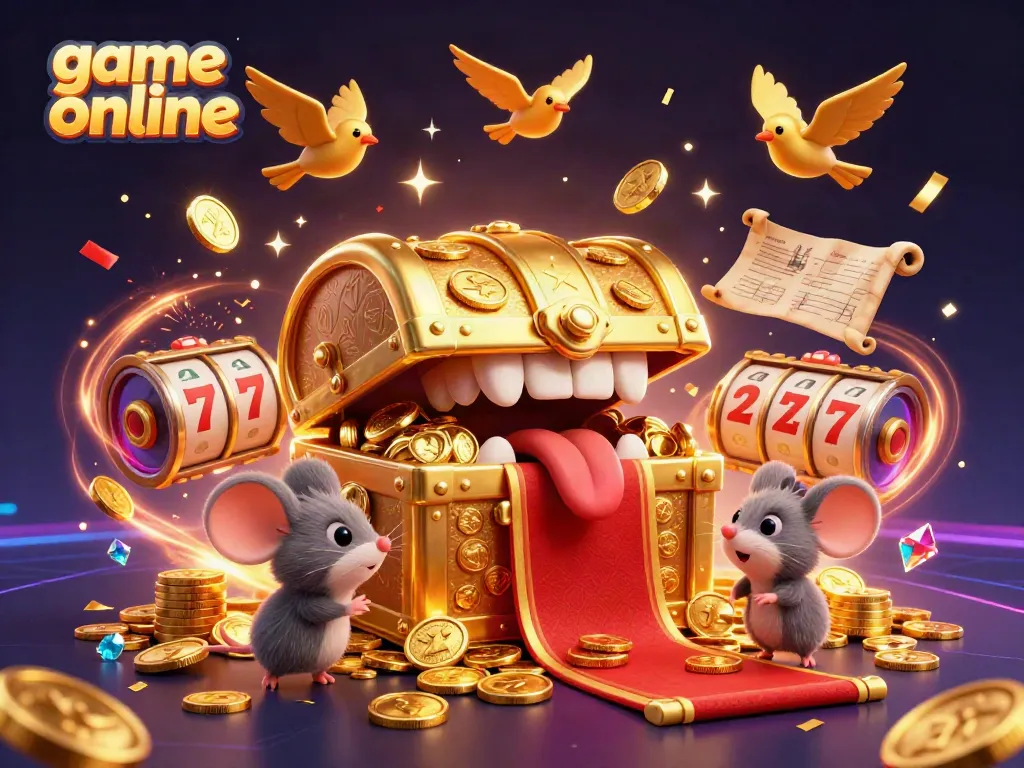 Experience game online excitement with treasures, coins, and spinning slot reels in a vibrant casino scene.