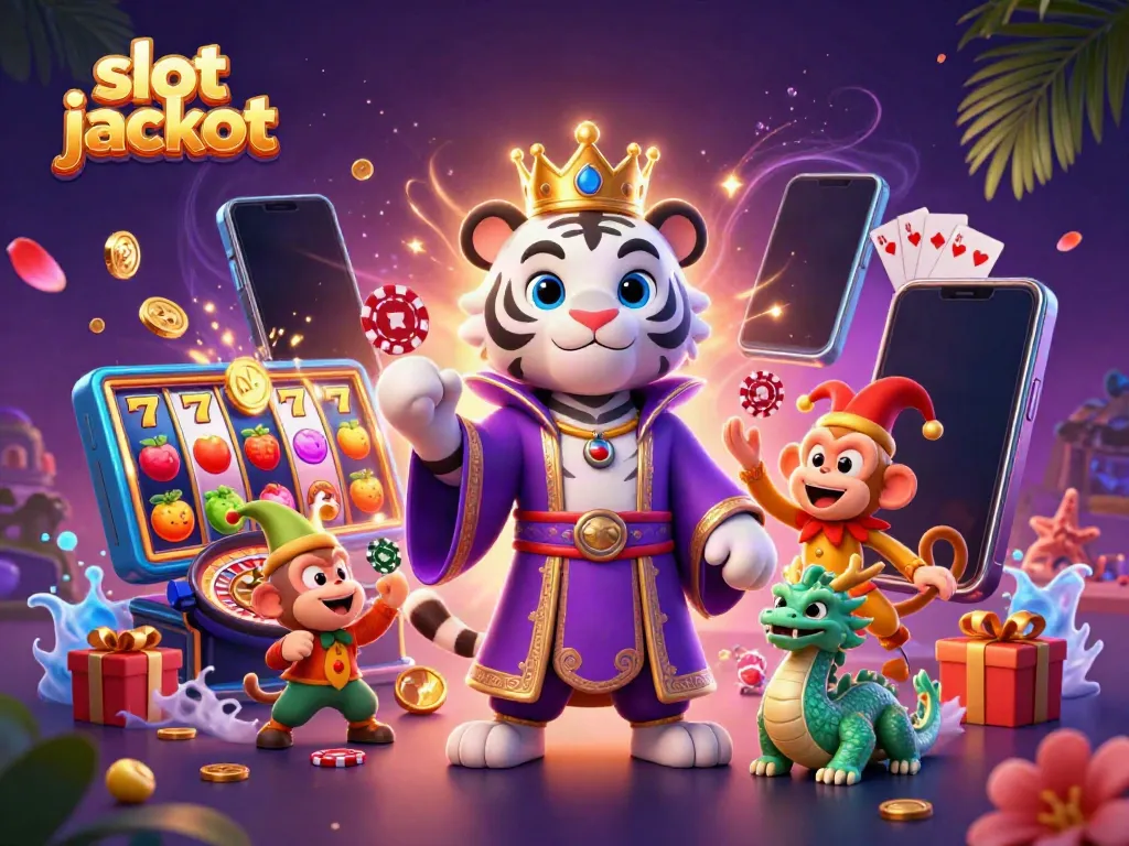 Celebrate the excitement of slot jackpots with a dynamic 3D scene of a lucky tiger and monkey.