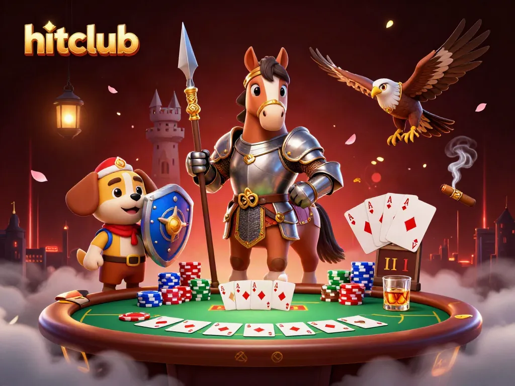 Engage with hitclub's thrilling gaming experience featuring a knight, squire, and falcon surrounded by dynamic poker elements.