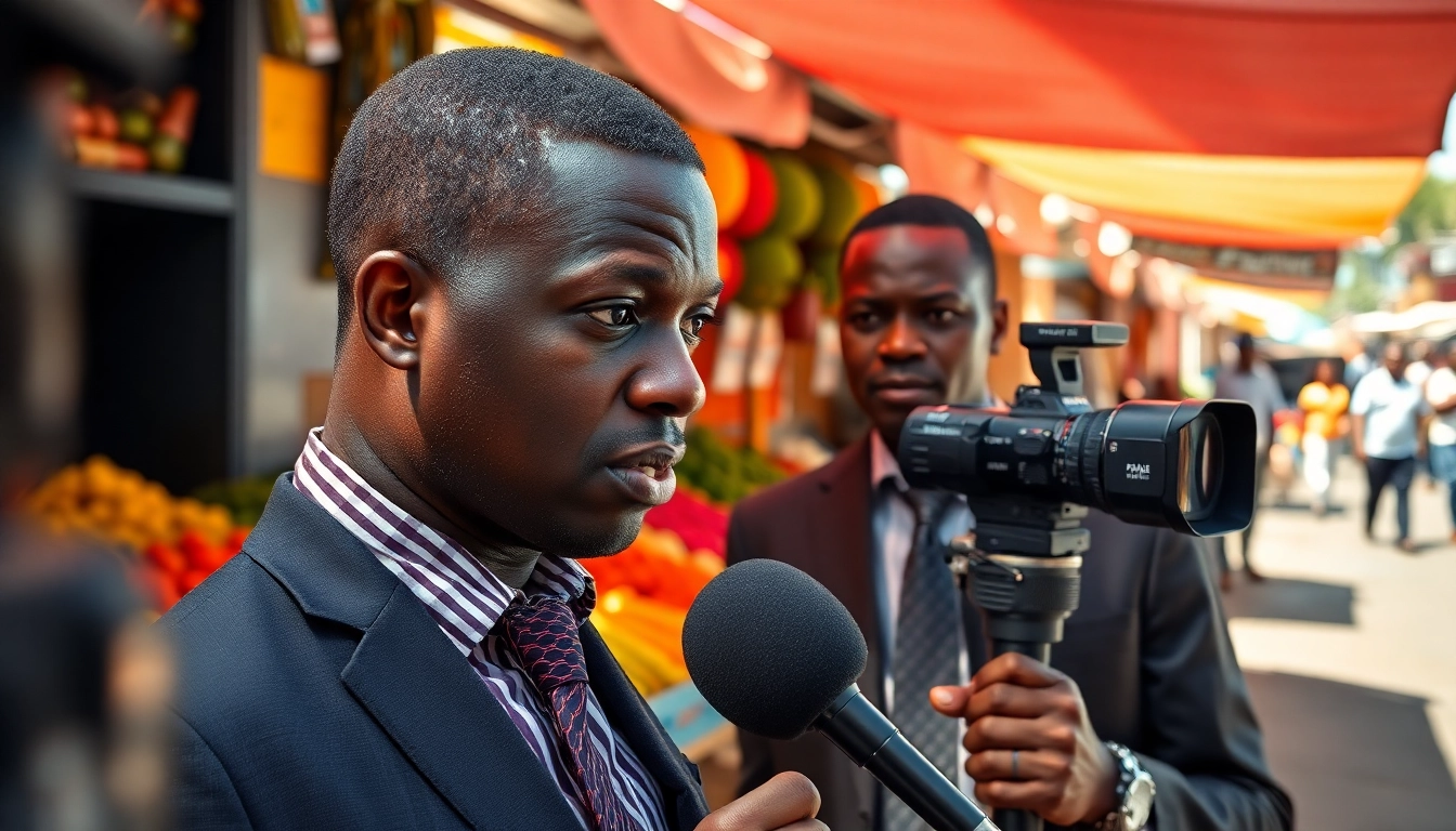 Reporter covering Naija news in a bustling Lagos market, showcasing vibrant local life.