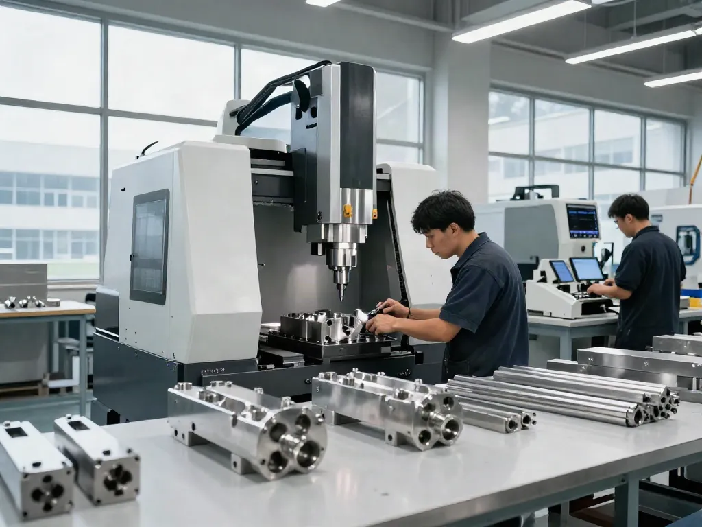 Custom stainless steel parts being machined by professionals in a modern workshop.