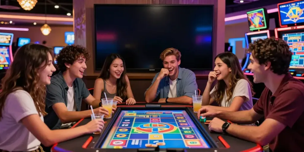 Không khí sôi động khi nhóm bạn chơi vvwin tại bàn game điện tử trong casino.