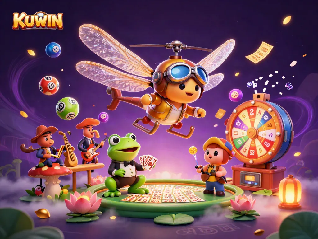 Experience thrilling KUWIN gaming with a flying dragonfly pilot and lively casino scene.