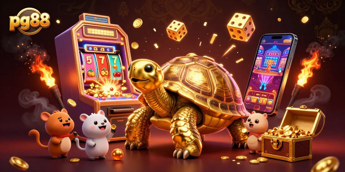 Experience vibrant pg88 casino excitement in a dynamic 3D illustration with golden tortoise gameplay.