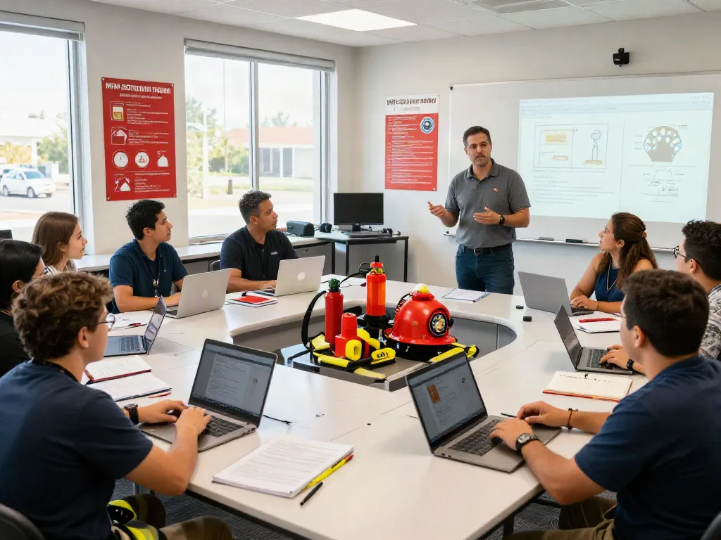 Professionals engaged in NFPA Certification Training in a collaborative classroom setting, emphasizing fire safety and compliance.