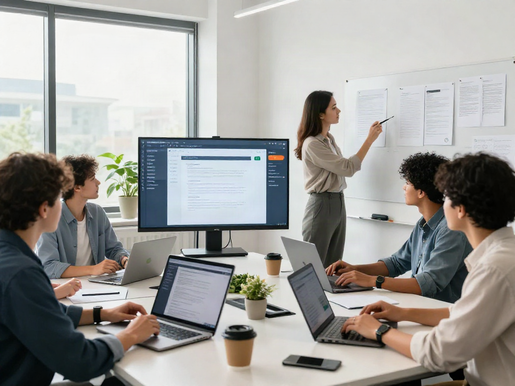 Team collaborating with document fraud detection software in a modern office, analyzing data and enhancing security.