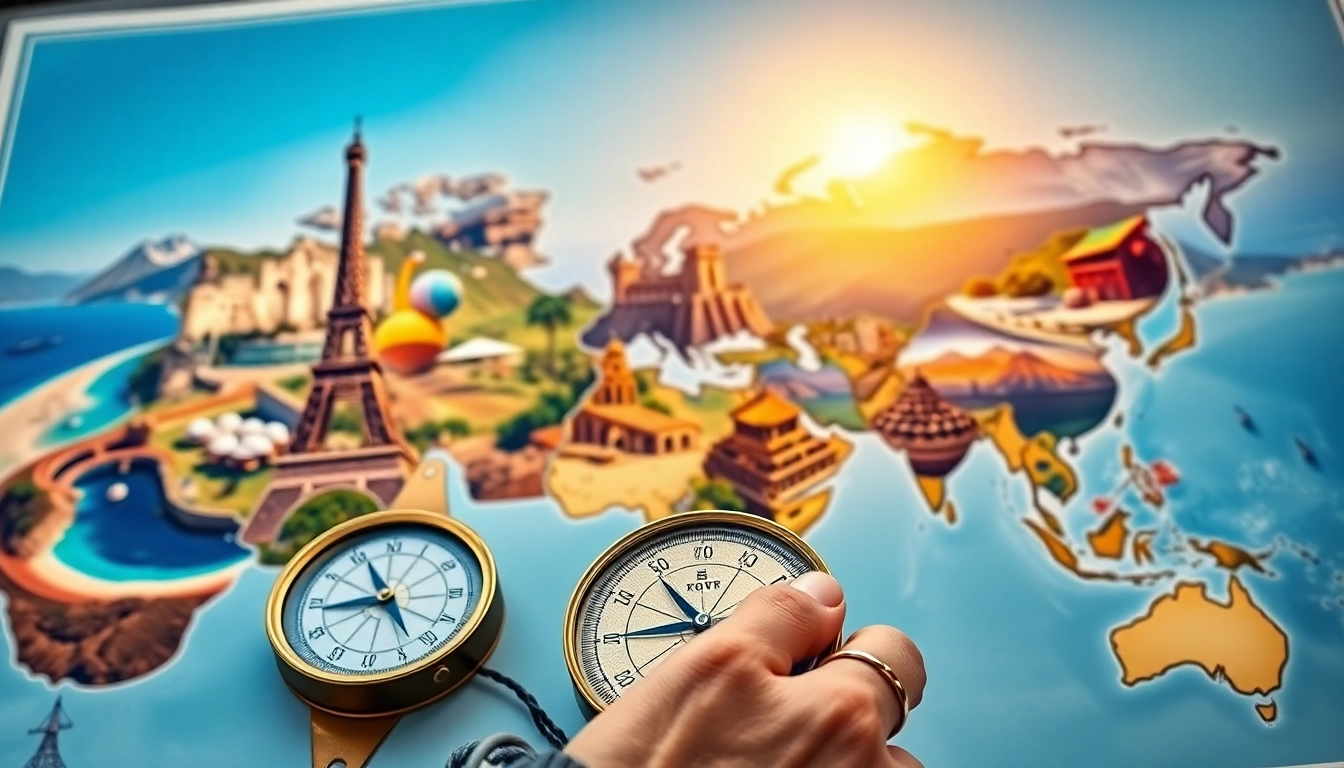Visual representation of round the world destinations, featuring landmarks and a traveler's compass.