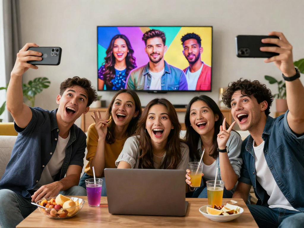 Engaging scene of friends exploring their celebrity look alike options online, showcasing a fun, interactive atmosphere.