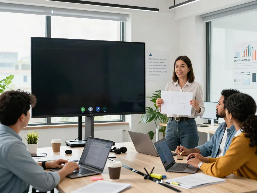 Team participating in deepfake free meetings in a bright office.