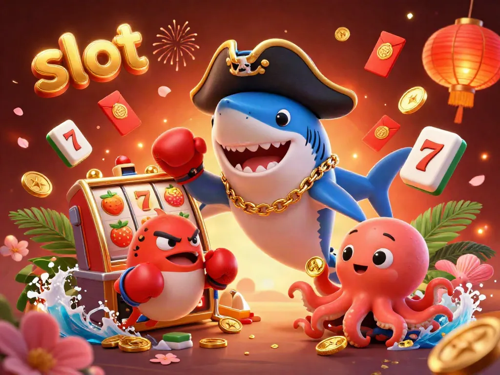 Engaging slot scene with a pirate shark, pufferfish, and octopus amidst vibrant casino elements.