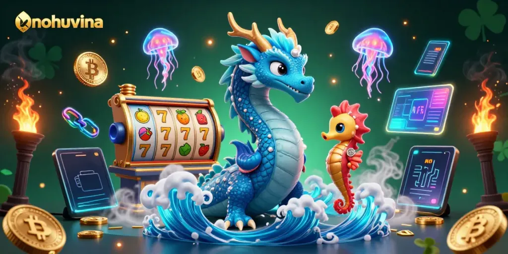 Spin to win at nohuvina with thrilling slot reels, a mythical dragon, and enchanting sea creatures.