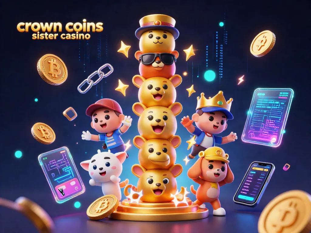 Engage with crown coins sister casino, featuring vibrant slots and crypto elements in a dynamic 3D illustration.