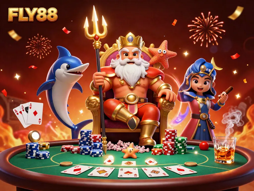 Experience FLY88 at its best with Neptune, a poker table, and festive decorations.