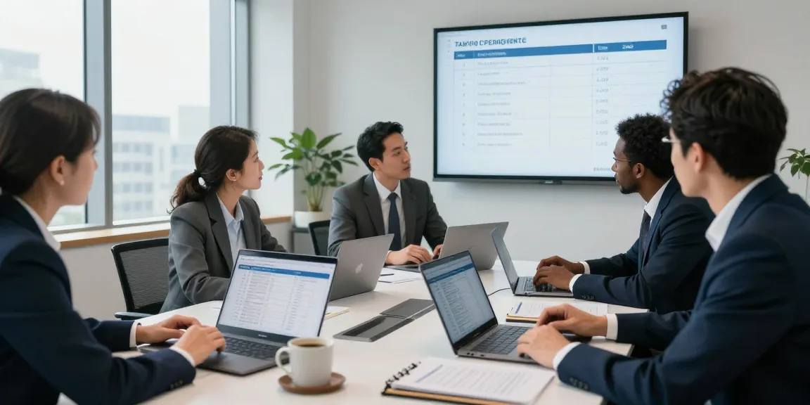 Team collaborating on Corporate Tax Return Filing in a modern office with tax compliance documents.