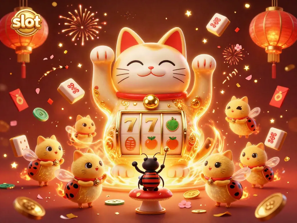 Experience the thrill of slot games with our dynamic illustration showcasing a lucky cat and casino symbols.
