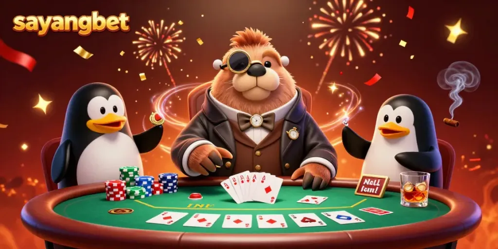 Experience thrilling poker with sayangbet's cartoon walrus at an underwater table.