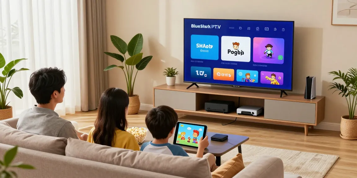 Family enjoying BlueShark IPTV streaming movies and shows in cozy living room.