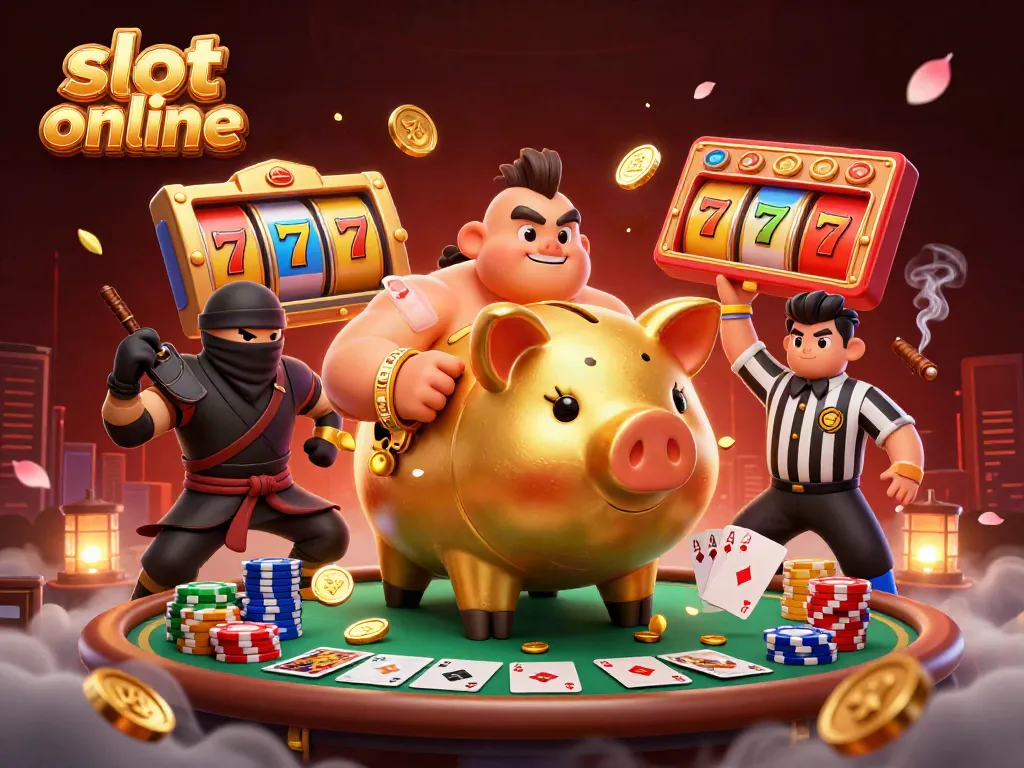 Engaging scene of a sumo wrestler and ninja celebrating slot online gaming with vibrant elements and coins.
