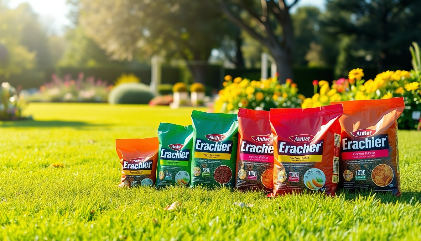 Lush green lawn with different lawn fertiliser Australia products attractively displayed.