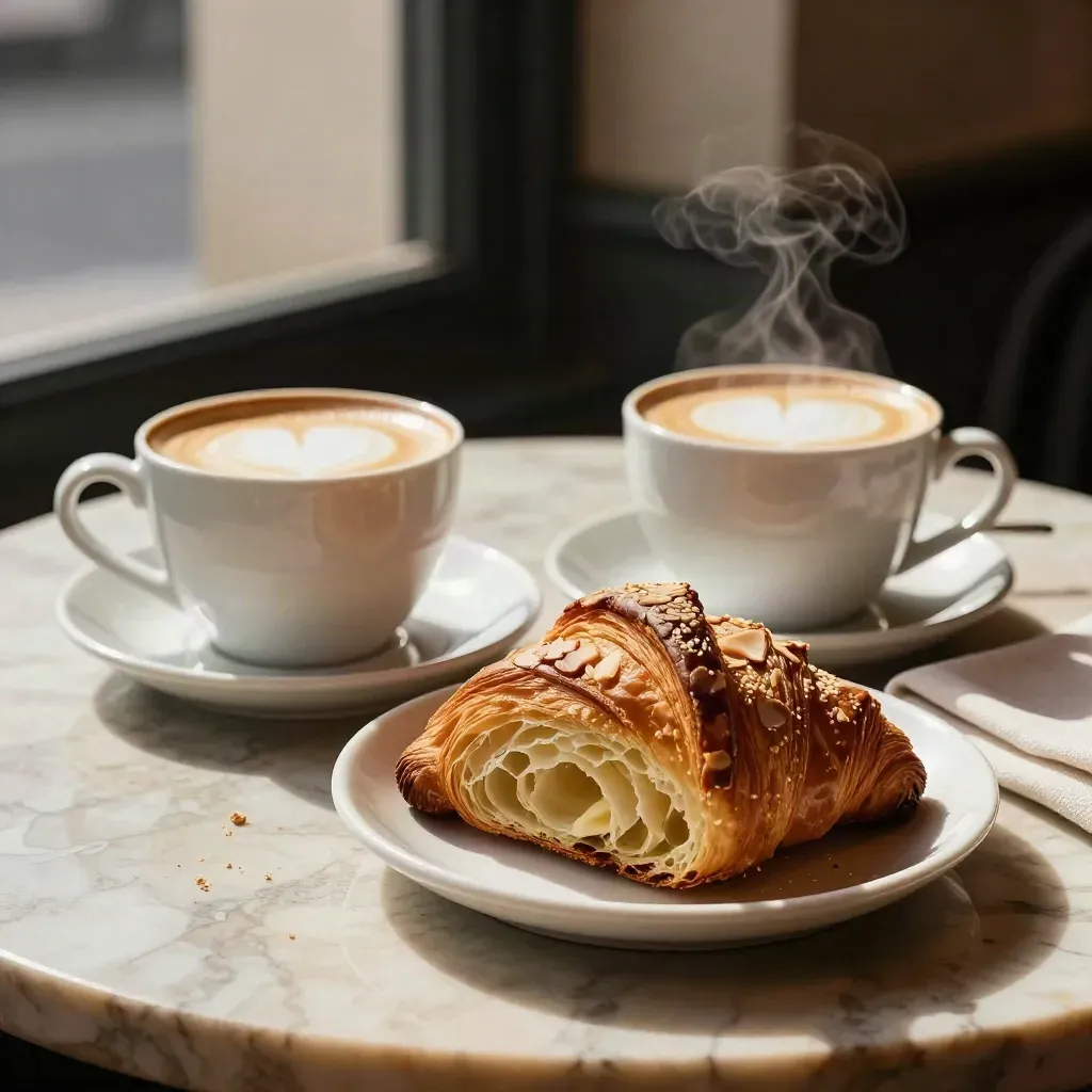 Cappuccino, flat white and almond croissant on marble in warm café light.
