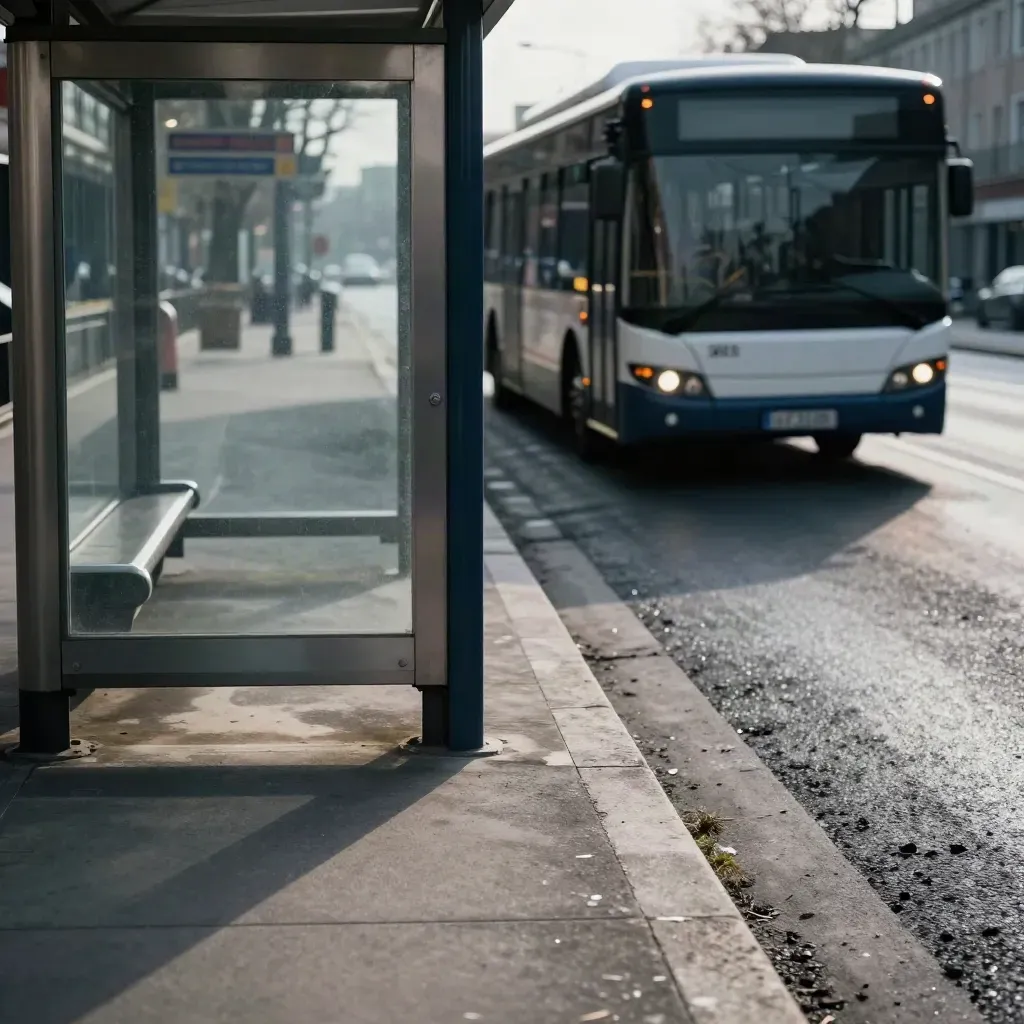 Empty bus shelter as a bus brakes into the bay on a cold arterial road, curb-level view.