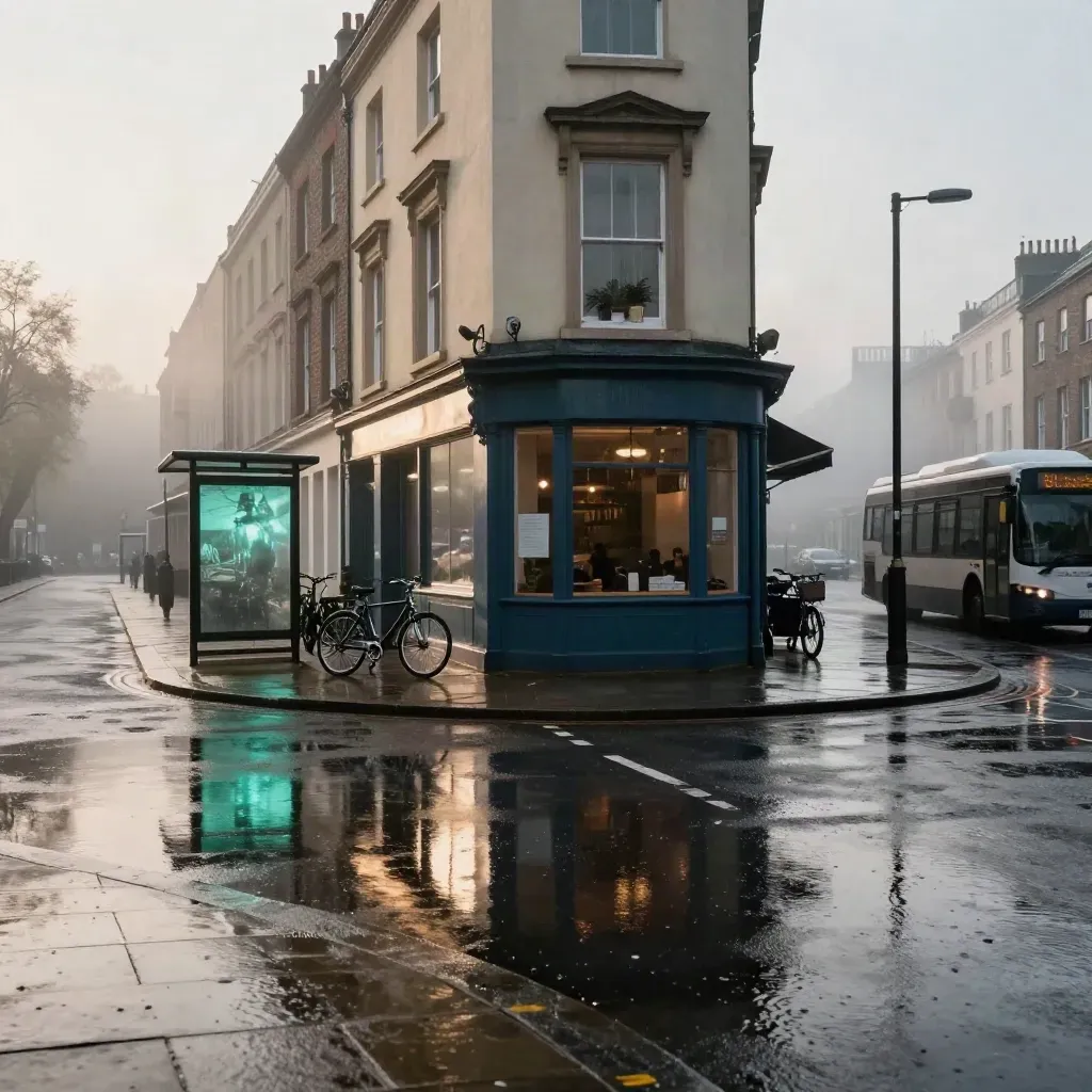Rain-washed E11 corner with café, bus shelter, bicycles and a bus in dawn mist.