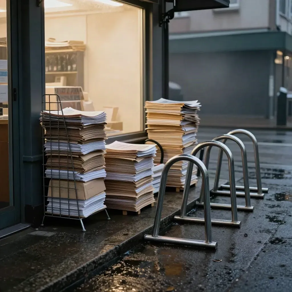 Rainy newsagent corner with paper bundles, glowing window and cycle racks at dusk.