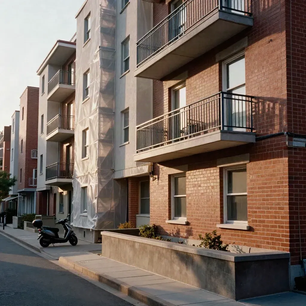 Apartment block row with balconies, a parked scooter, and wrapped façade in late afternoon light.