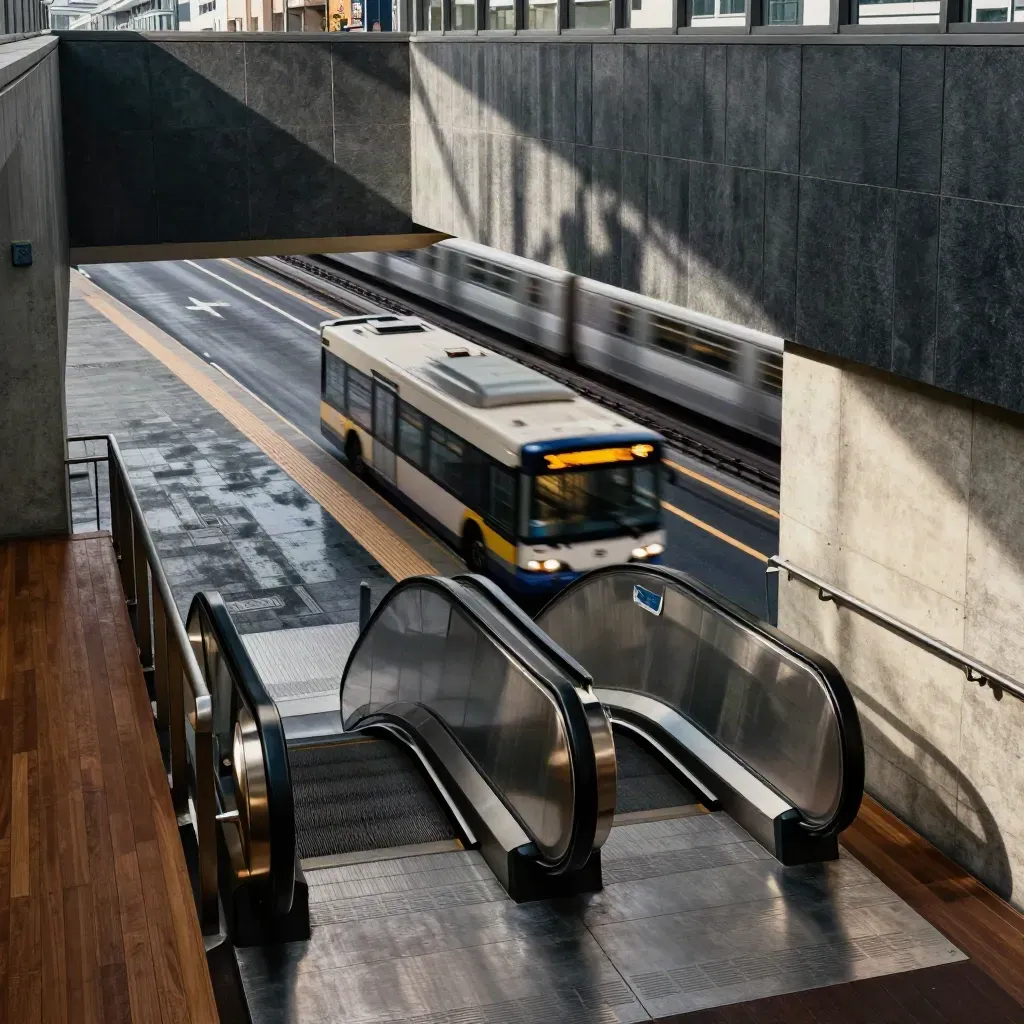 High-angle interchange with escalator, bus below, and train streaking past