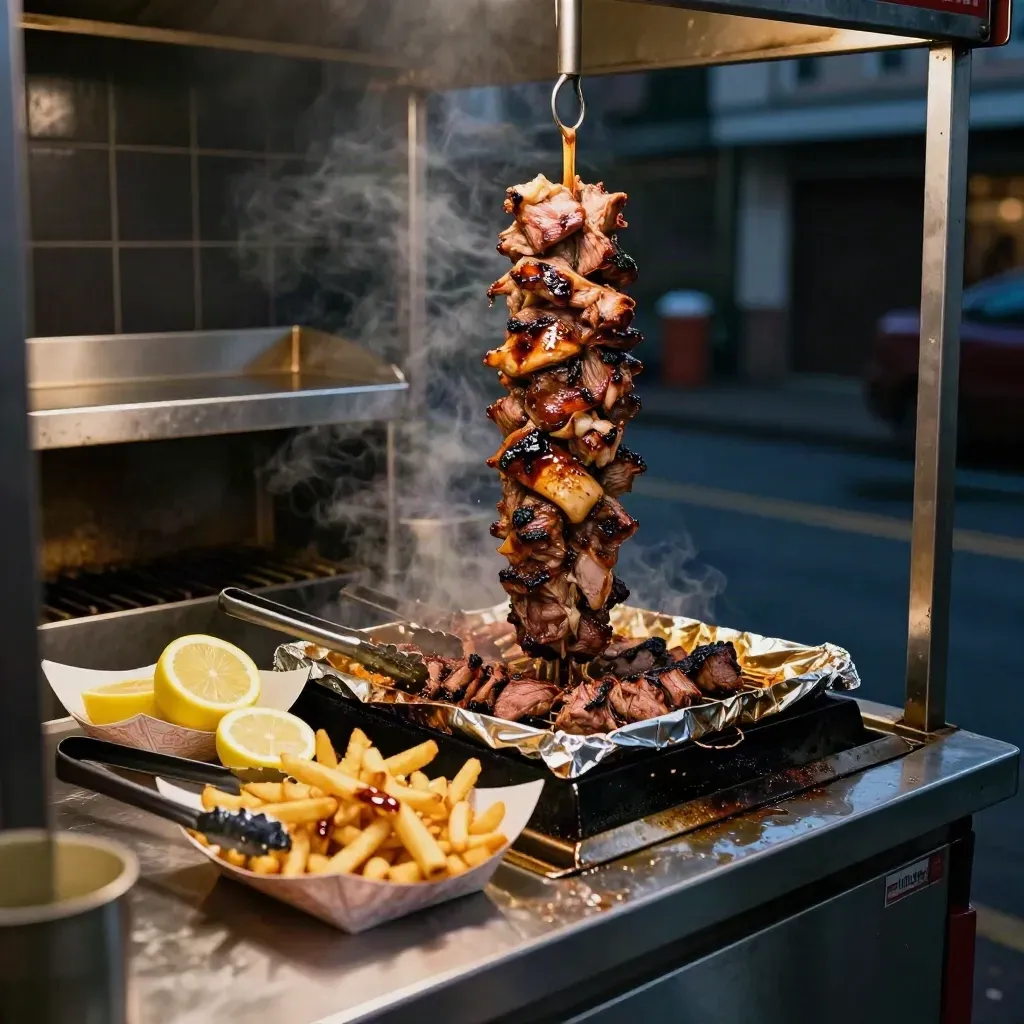 Shawarma counter with steam, fries, lemons, and warming shelf in a late-night street stall