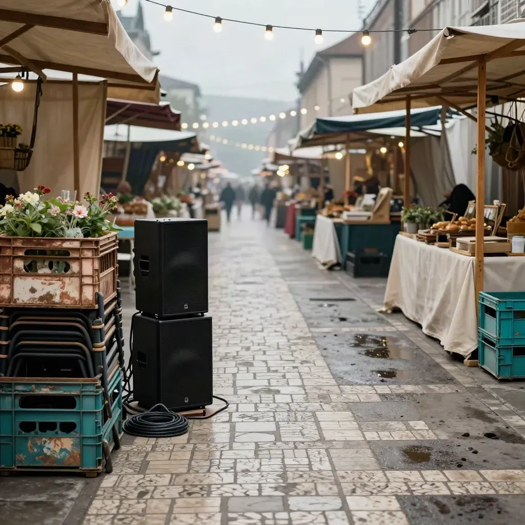 Weekend market lane pre-opening with folded chairs, flower crates, string lights, and a speaker stack.