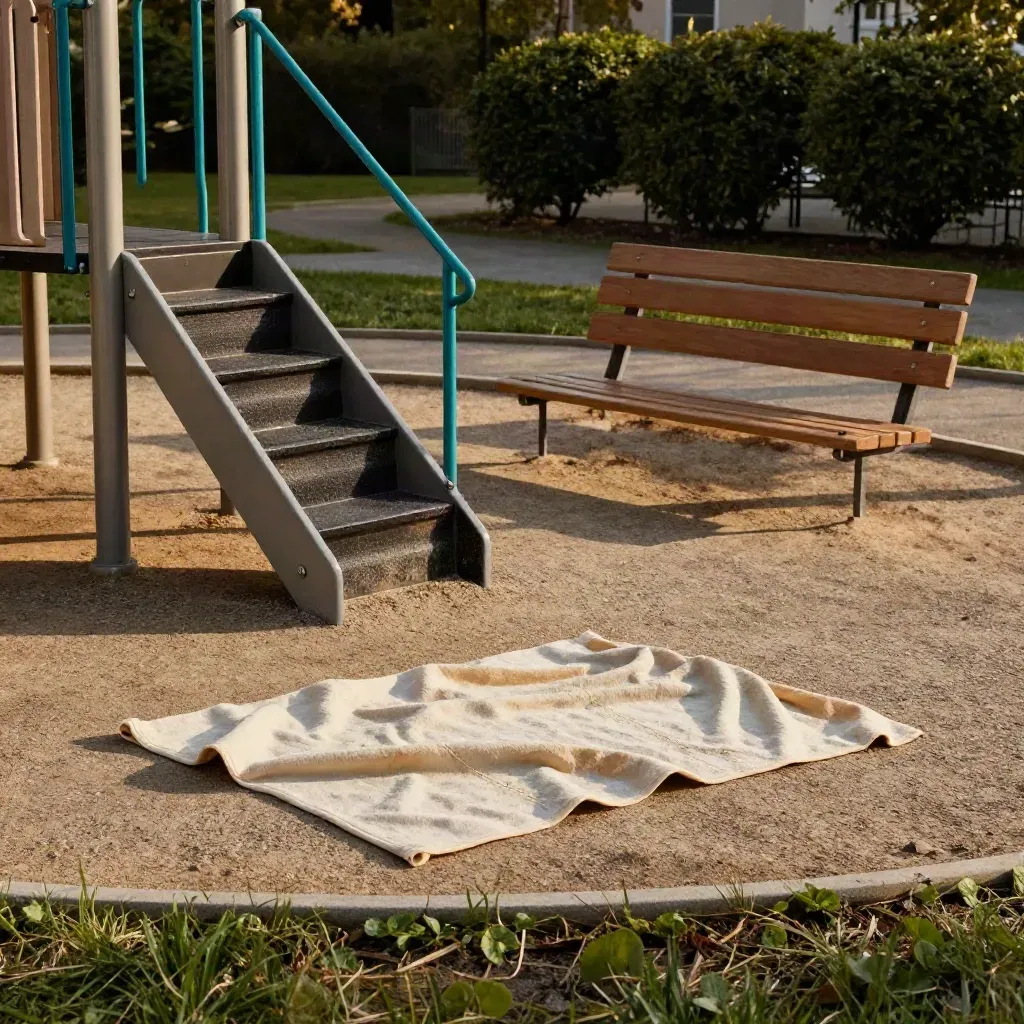 Park-edge playground with bench, picnic blanket, and long evening shadows at golden hour