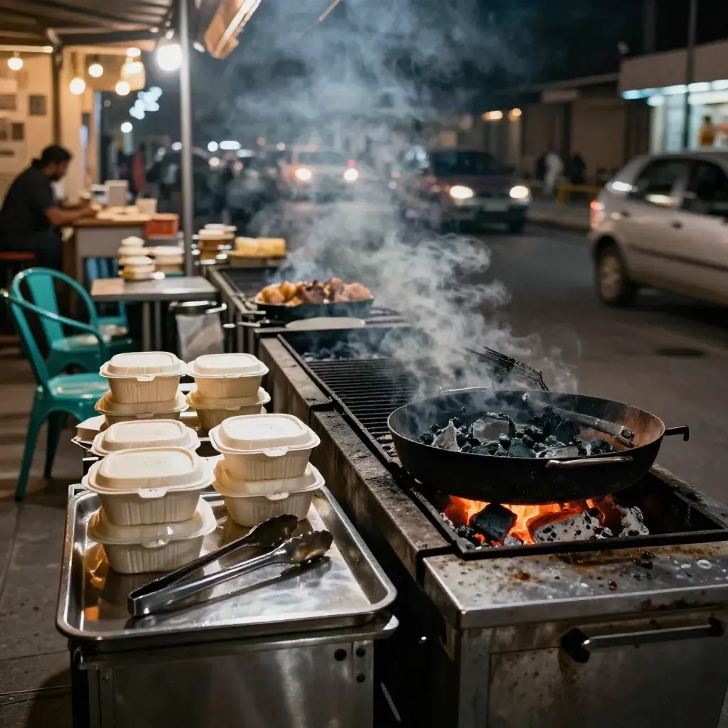 Night food stalls with grills, takeaway containers, café frontage, and drifting smoke