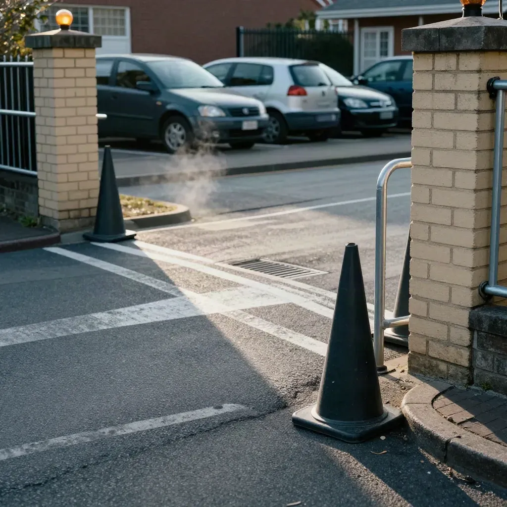 Quiet school frontage with crossing lines, cones, parked cars and sunlit railings