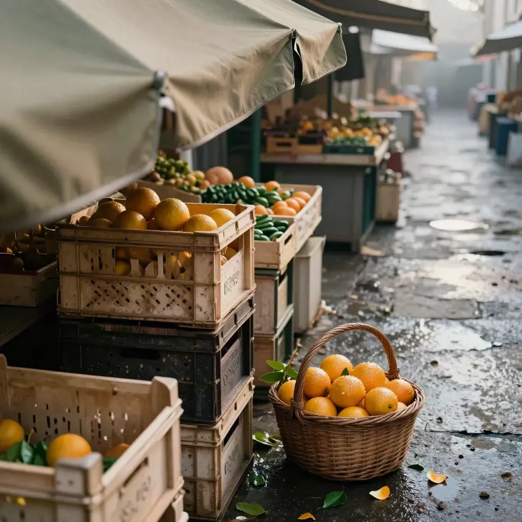Market crates and citrus baskets under awnings as morning light wakes a city stall.