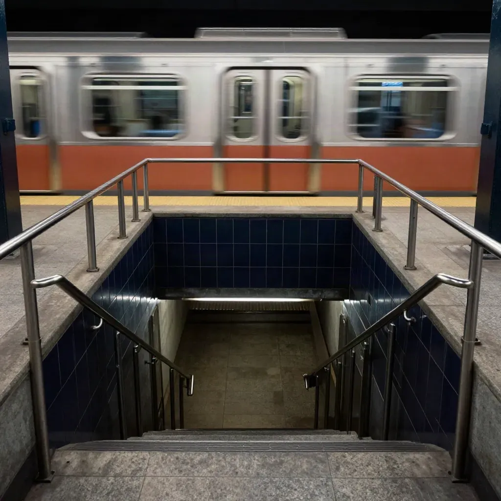 Low-angle subway stairs and railings with a train arriving behind glass.