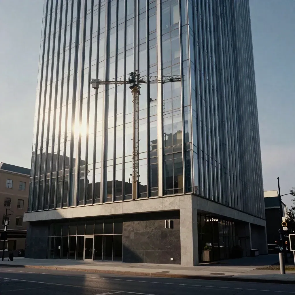Low-angle tower façade with crane silhouette, sunlit upper floors, and deep shadow at street level.